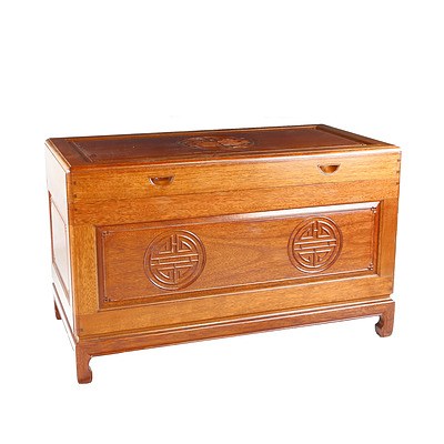 Vintage Chinese Camphorwood Chest with Relief Carved Shou Longevity Characters