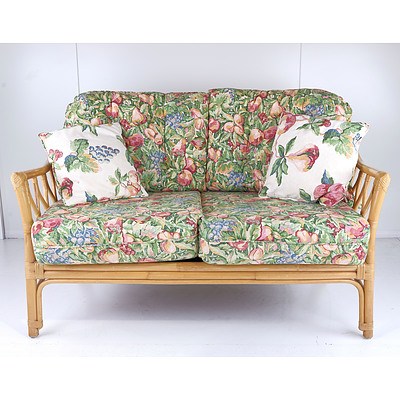 Vintage Cane Three Piece Lounge Suite with Floral Fabric Upholstery