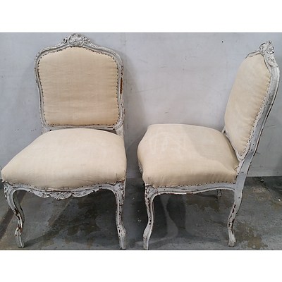Pair of Vintage French Louis Style Lime Painted Carved Beech Side Chairs
