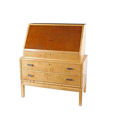 European Art Deco Inlaid Birch Veneer Bureau Circa 1930s-40s