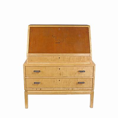 European Art Deco Inlaid Birch Veneer Bureau Circa 1930s-40s