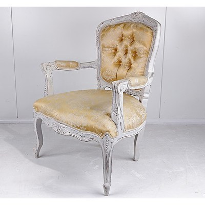 Louis XV Style Carved and Lime Painted Wood Fauteuil with Satin Brocade Upholstery, Late 20th Century