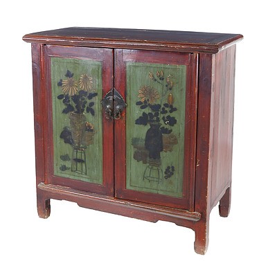 Chinese Provincial Lacquered and Polychrome Painted Pine Cabinet, Late 20th Century