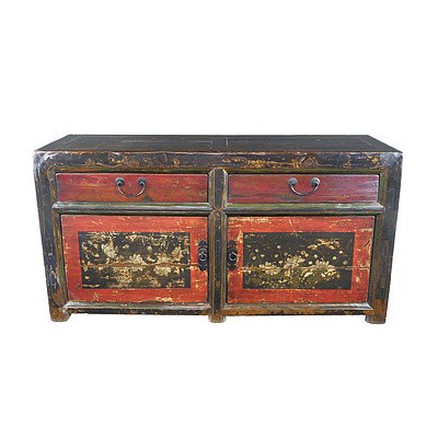 Chinese Polychrome Lacquered and Painted Pine Long Low Cabinet, Late 20th Century