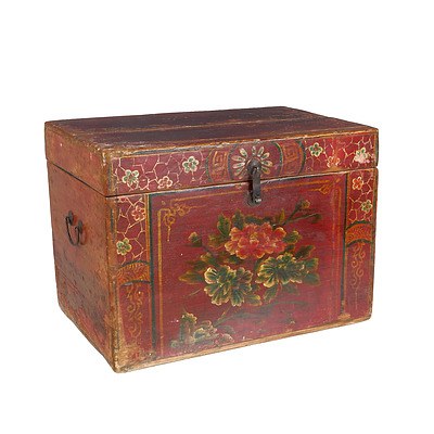 Chinese Polychrome Painted Pine Storage Box with Floral Motif, Modern