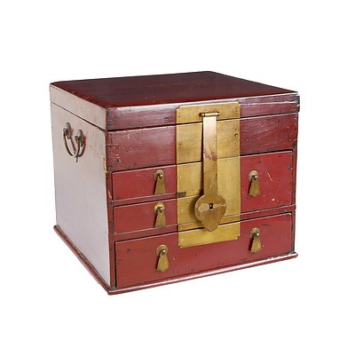 Chinese Red Lacquer Storage Box with Brass Latch, Modern