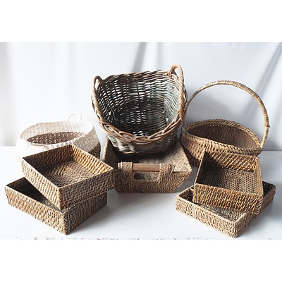 Eight Woven Cane and Rattan Baskets and Trays 
