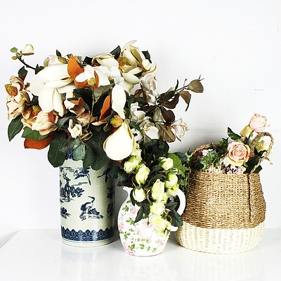 Large Group of Decorative Flowers Including a Large Bouquet in a Vase