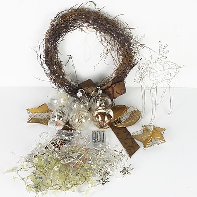 Mixed Lot of Christmas Decorations Including a Glass Christmas Tree and Lights