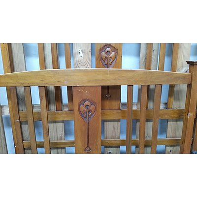 Antique Australian Federation Period Kauri Pine Double Bed Carved with Art Nouveau Motifs