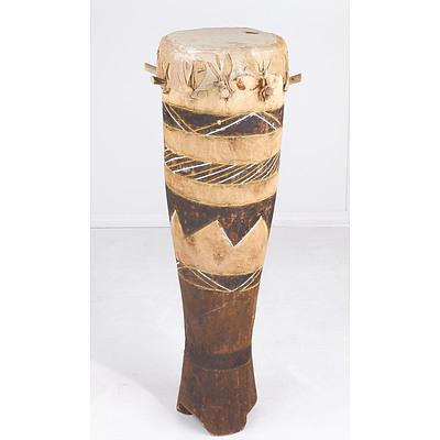 African Carved and Painted Drum with Hide Top