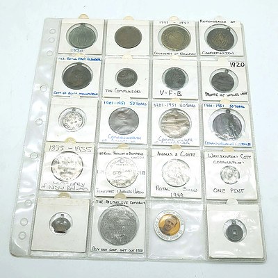 Twenty Coins and Tokens Including 50 Years Commonwealth of Australia, Royal Show 1948, and More