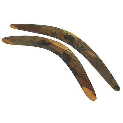 Two Aboriginal Boomerangs Decorated with Emus and Plants Circa 1970