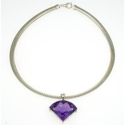 Claw Set Triangular Chequerboard top Amethyst Pendant with Sterling Silver Fancy Machined Chain