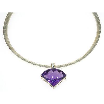 Claw Set Triangular Chequerboard top Amethyst Pendant with Sterling Silver Fancy Machined Chain