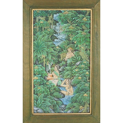 Framed Vintage Balinese Painting, Tempera on Linen Board