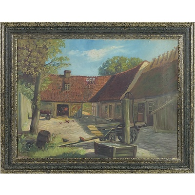E. Fischer (Danish) Country Barn Scene, Oil On Board
