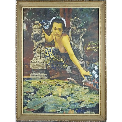 Balinese School, Beauty and Lotus Pond, Oil On Canvas