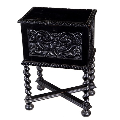 Vintage Jacobean Style Black Japanned Heavy carved Music Cabinet