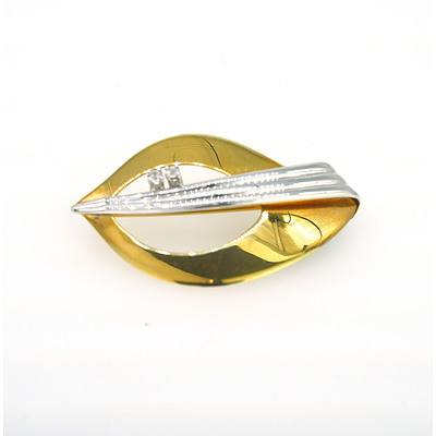 9ct Yellow and White Gold Ladies Brooch with Two White Gems