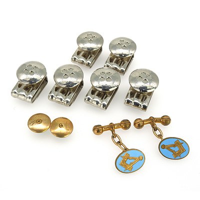 Rolled Gold Masonic Cuff Links and Buttons and Six Bracetac Buttons