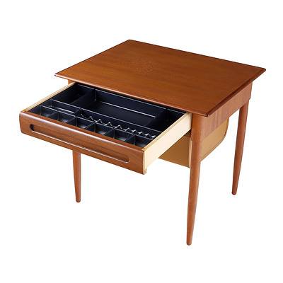 Danish Teak Bedside or Work Table with Leather Upholstered Drawer
