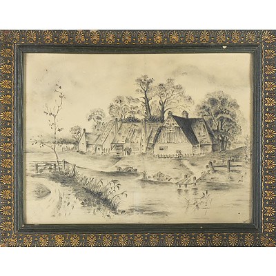 19th Century English School, Cottages by a Stream, Pencil