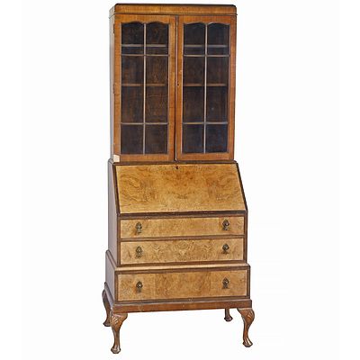 1920s Walnut and Burr Walnut Veneered Bureau Bookcase