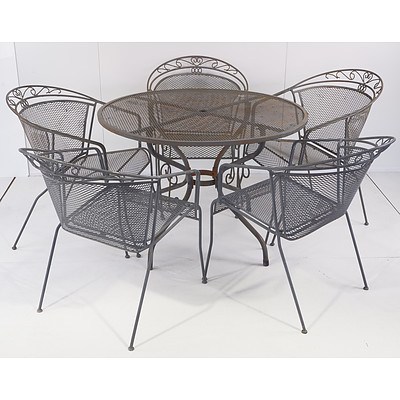 Two Steel Outdoor Tables And Five Chairs
