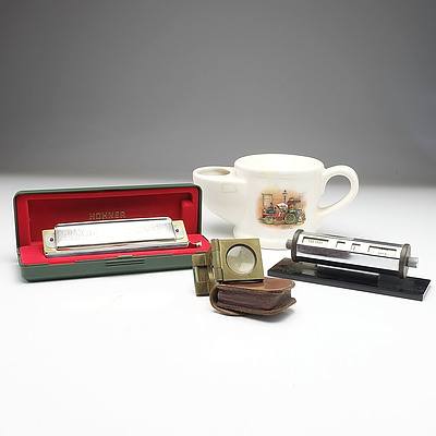 Wade Shaving Mug, A Franks Magnifying Glass, Hohner Harmonica and A Vintage Desk Calendar 