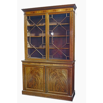 Impressive Sheraton Revival Inlaid Mahogany Bookcase with Astragal Glazing and Dentil Moulded Cornice Circa 1900