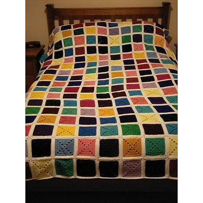 Hand Crotcheted Multi-Coloured Squares Double Bed Blanket