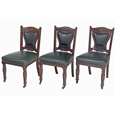 Six Edwardian Walnut Dining Chairs with Dark Green Leather Upholstery, Early 20th Century