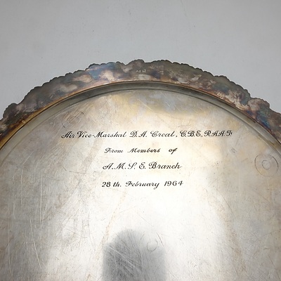 Ranliegh Silver Plates Tray With Inscription 'Air-Vice Marshal D.A. Creal, C.B.E., R.A.A.F. From Members of H.M.P.E. Branch, 28th February 1964'