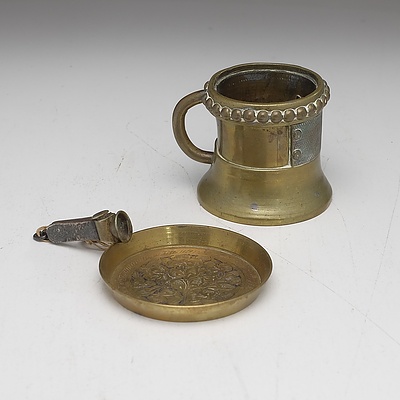 Antique Cast Brass Measure, Sterling Silver and Brass Cutter, Vintage Military Mirror and Indian Engraved Brass Dish