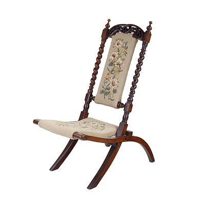 Carved and Pierced Walnut Folding Chair with Tapestry Upholstery of Wildflowers, Late 19th Century