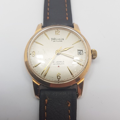 Circa 1960's Felicia Dewluxe 21 Jewel manual Wind Wrist Watch with Leather Band