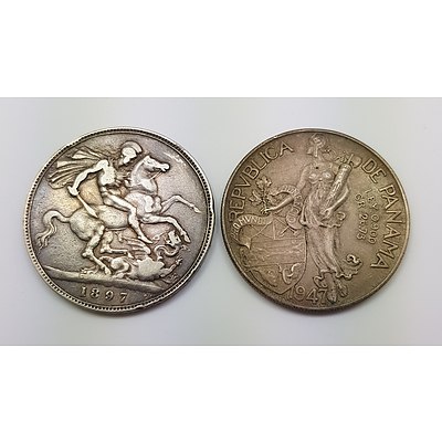 Two Silver World Coins: 1897 Crown and 1947 One Balboa
