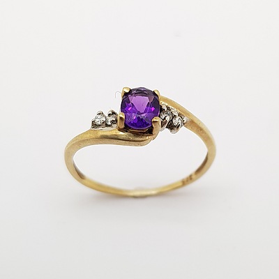 9ct Yellow Gold, Amethyst and Diamond Ring