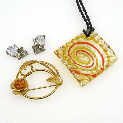 Sterling Silver Drop Earrings with Pear Shaped Colourless Paste, Australian Gold Glass Jewellery Pendant and a Brooch