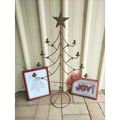 Christmas tree shaped candle holder and two Christmas wall hangings