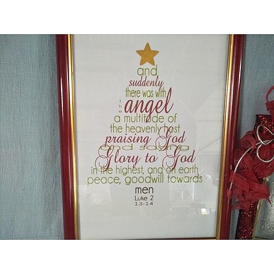 Christmas tree shaped candle holder and two Christmas wall hangings