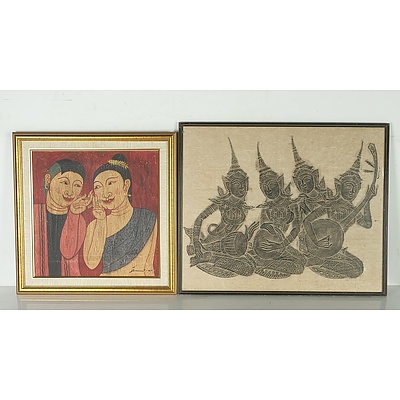 Thai Temple Rubbing and Oil on Canvas