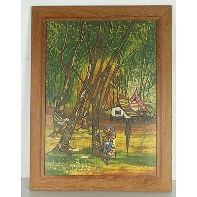 Kheng-Wah Yong (Malaysian 1945 - ) Batik Painting in Teak Frame, and Silk Map