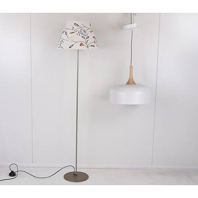 Modern Retro Style Turned Oak and White Painted Metal Pendant Light Fitting and Ikea Lamp