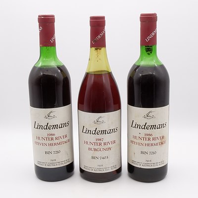 Two Bottles of Lindemans 1986 Hunter River Steven Hermitage Bin 7210 750mL and Lindemans 1987 Hunter River Burgundy Bin 7403 750mL