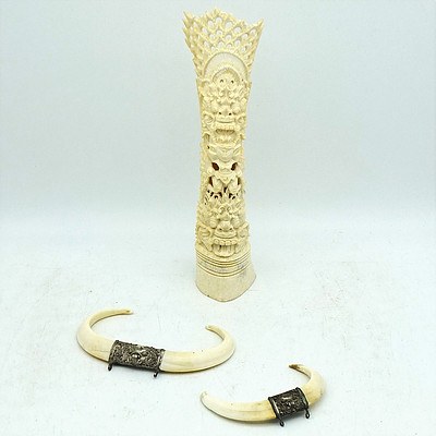 Tall Balinese Bone Carving and Two Silver Filigree Mounted Tusk Pendants
