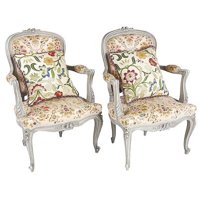 Pair Louis Style Lime Painted Armchairs with Cut Velvet Upholstery