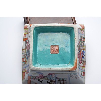 Chinese Famille Rose Square Bowl with Turquoise Interior, Tongzhi Seal Mark, Late 19th Century