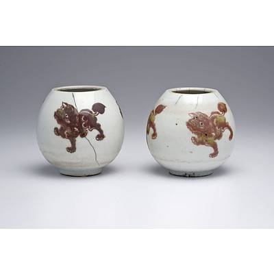 Rare Pair of Chinese Water Pots Decorated with Buddhist Lions in Underglaze Copper Red, Probably Kangxi Period, 18th Century